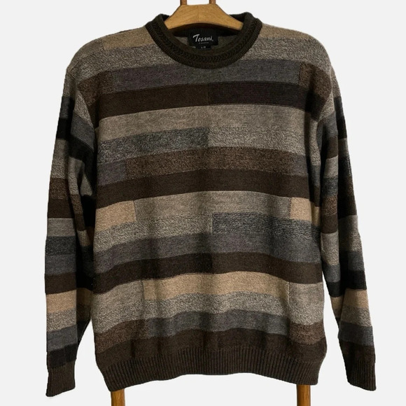 Vintage Tosani Men’s Crewneck Sweater Large Wool blend Brown Tan Striped - Picture 8 of 8